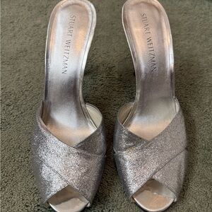 Stuart Weitzman Silver Glitter Slide Sandals EUC